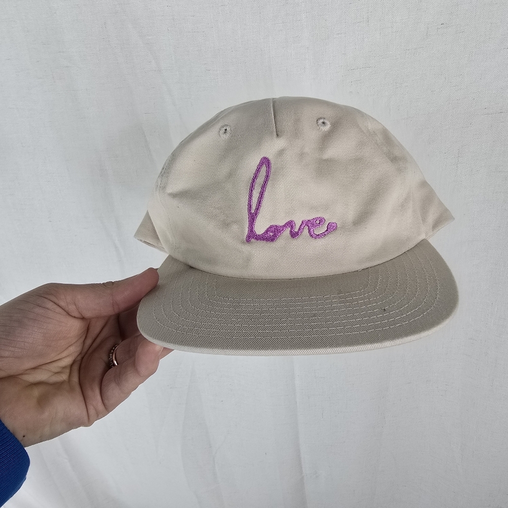 Seventh Heaven Cream Color LOVE hat Leather Strap Dad Hat Biege Pink
